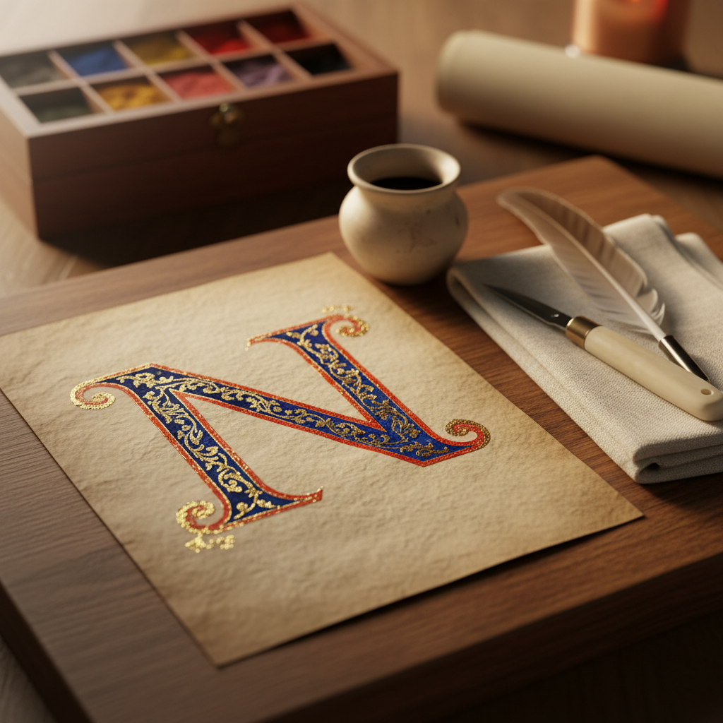 A meticulously staged medieval illumination and calligraphy workstation on a smooth, dark oak board. At center lies a sheet of creamy parchment with an unfinished capital letter ‘N’ in deep ultramarine and vermilion, surrounded by delicate gold leaf accents catching the light. Nearby rest a small earthenware ink pot, a tapered quill knife, and a sharpened goose quill on a folded linen cloth. Soft, warm candlelight from the right, reinforced by faint ambient daylight, bathes the scene in a golden glow, casting subtle, long shadows and making the gold shimmer. The background, gently blurred, shows a closed wooden pigment box and a rolled parchment. Photographic realism, close, slightly angled composition, creating an intimate, contemplative mood suitable for an article about period manuscript arts.