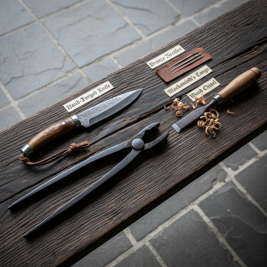 An assortment of carefully reproduced medieval tools displayed on a dark, weathered plank set against a subtly blurred stone floor. In sharp focus lie a hand-forged iron knife with a polished antler handle, a set of bronze sewing needles on a small strip of leather, a pair of blacksmith tongs, and a narrow-bladed chisel beside wooden shavings. A small inked label written in elegant blackletter script identifies each item, reinforcing a scholarly SCA context. Cool, indirect daylight from above and slightly to the side creates crisp yet gentle shadows, revealing textures of metal, horn, and wood. Photographic realism, overhead three-quarter view, with a balanced, orderly composition and quietly reverent atmosphere, evoking the care of curated period tools.