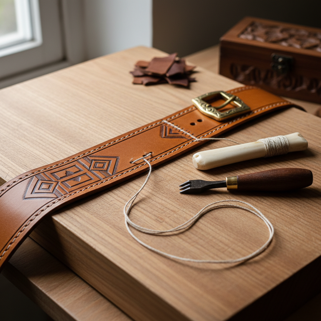 A close, photographic view of a medieval-style leatherworking project in progress on a thick beech board. Centered is a partially stitched, vegetable-tanned leather belt, warm honey-brown with hand-tooled geometric patterns darkened by careful burnishing. Alongside rest a bone folder, a small pricking iron, an awl with polished wooden handle, and a length of waxed linen thread neatly laid in an S-curve. A brass buckle with subtle engraved details waits nearby. Cool, directional window light from the left emphasizes the grain and subtle sheen of the leather, creating gentle, precise shadows from each tool. Background elements—a blurred stack of leather offcuts and a lidded wooden box—stay understated. Eye-level, tight composition, with a quiet, disciplined atmosphere that highlights SCA-quality craftsmanship.