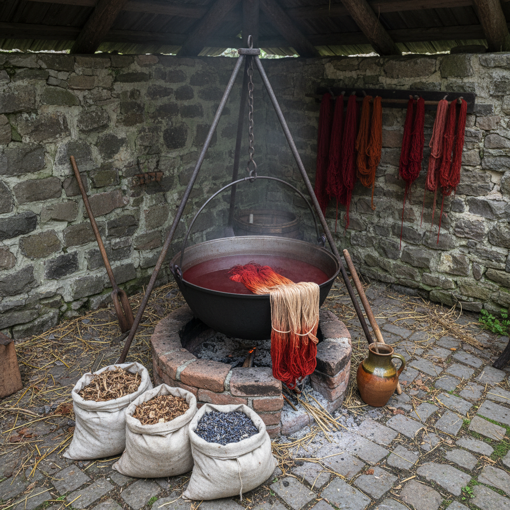 A detailed photographic scene of a small medieval dyeing setup in a sheltered courtyard corner. A round, blackened iron cauldron hangs over a low brick hearth, filled with a deep madder-red liquid, with a skein of wool yarn half-immersed, its color shifting from pale cream to rusty red. Nearby sit linen bags of dried plants, a simple wooden stirrer, and a glazed earthenware jug. The ground is uneven cobblestone with scattered straw. Overcast daylight from above creates soft, even lighting, allowing the rich colors of the dye and yarn to stand out against muted stone and brick tones. Shot at a slightly elevated angle with moderate depth of field, the image feels calm, methodical, and historically grounded, ideal for explaining period dye techniques in a sophisticated way.
