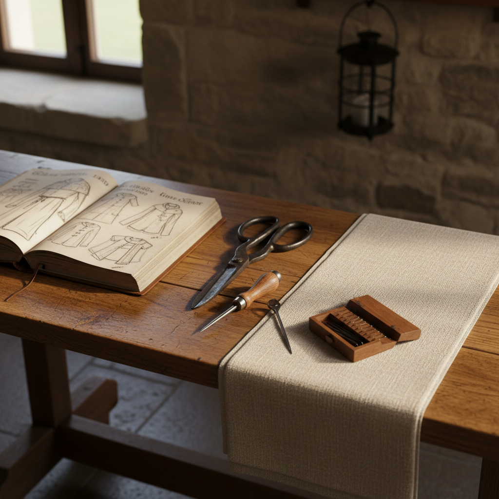 A meticulously arranged medieval craft workspace on a heavy oak trestle table, its surface burnished and scarred from years of use. On the table rests an open leather-bound notebook with precise calligraphic sketches of garb, a neatly folded length of natural linen, and a small cluster of hand-forged iron tools: shears, awl, and needles in a wooden case. Soft afternoon light from an unseen arched window grazes across the scene, highlighting the weave of the fabric and the patina of the metal. The stone wall behind is softly out of focus, with a hanging iron lantern unlit. Photographic realism, eye-level composition, shallow depth of field, creating a calm, scholarly atmosphere perfect for a sophisticated medieval crafts blog header.