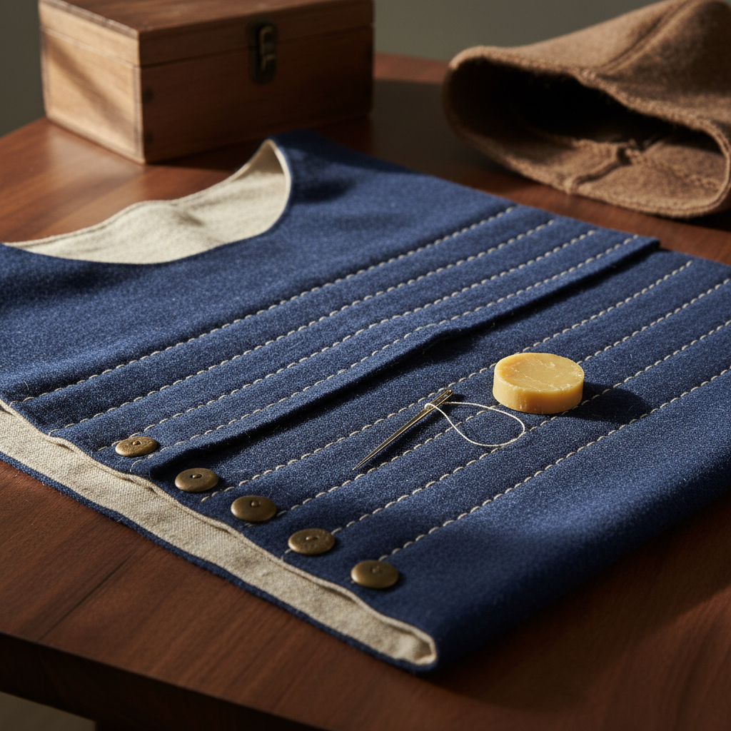 A close-up, photographic image of a richly textured piece of hand-stitched medieval clothing laid flat on a dark walnut table. The garment is made from deep indigo wool, lined with pale undyed linen, featuring carefully executed running stitches in fine, off-white linen thread and a row of tiny, hand-cast bronze buttons. A bone needle threaded with linen rests atop the fabric, beside a neatly coiled thread and a small beeswax cake. Soft, diffused morning light from the left creates gentle shadows in every fold and stitch, emphasizing craftsmanship. Background elements—an out-of-focus wooden box and a folded wool hood—add context without distraction. Shot from a slightly elevated angle, with a serene, contemplative mood and refined, photographic realism.